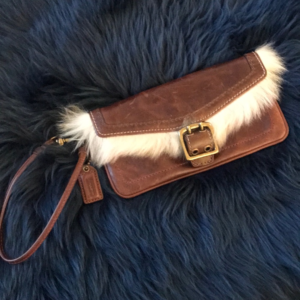 Vintage Coach leather wristlet with real fur trim